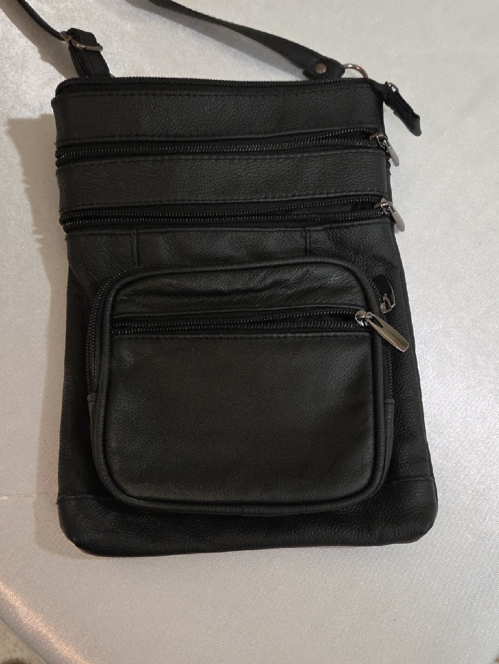Women's Black Leather Crossbody Bag with Front Zip Pockets